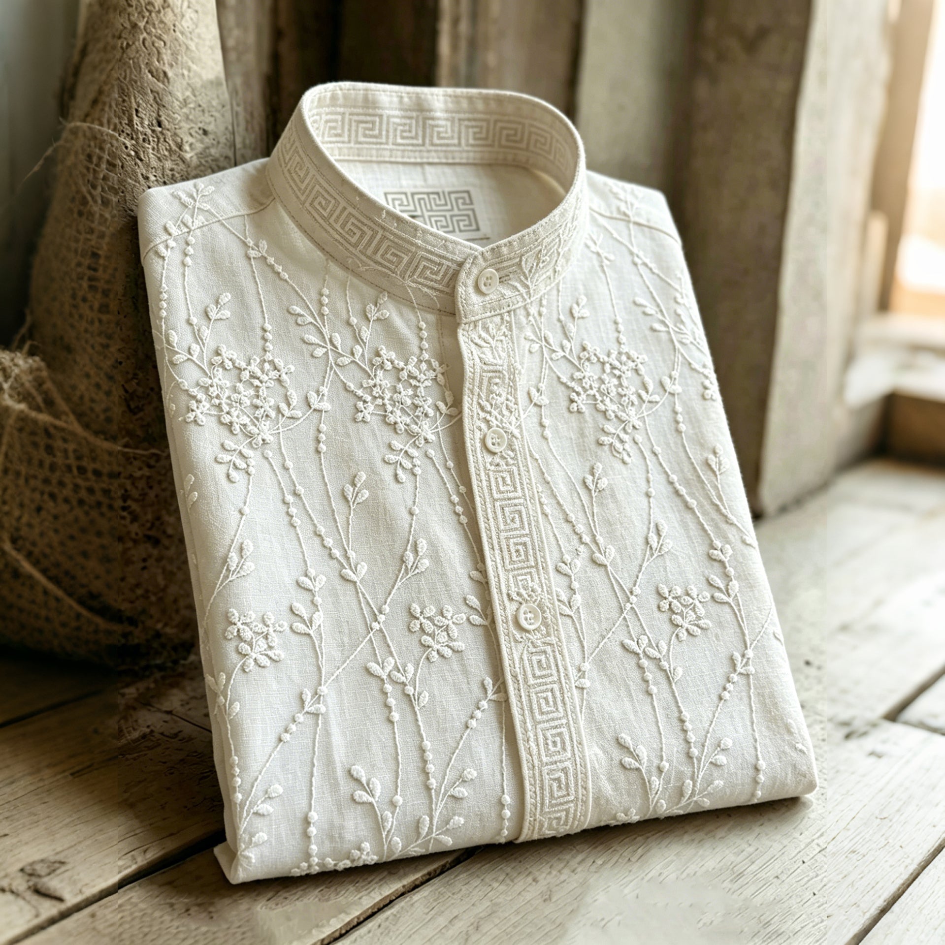 Retro Floral Pattern Casual Linen Blend Shirt