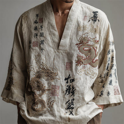 Men's Japanese Dragons Calligraphy Art Linen Shirt