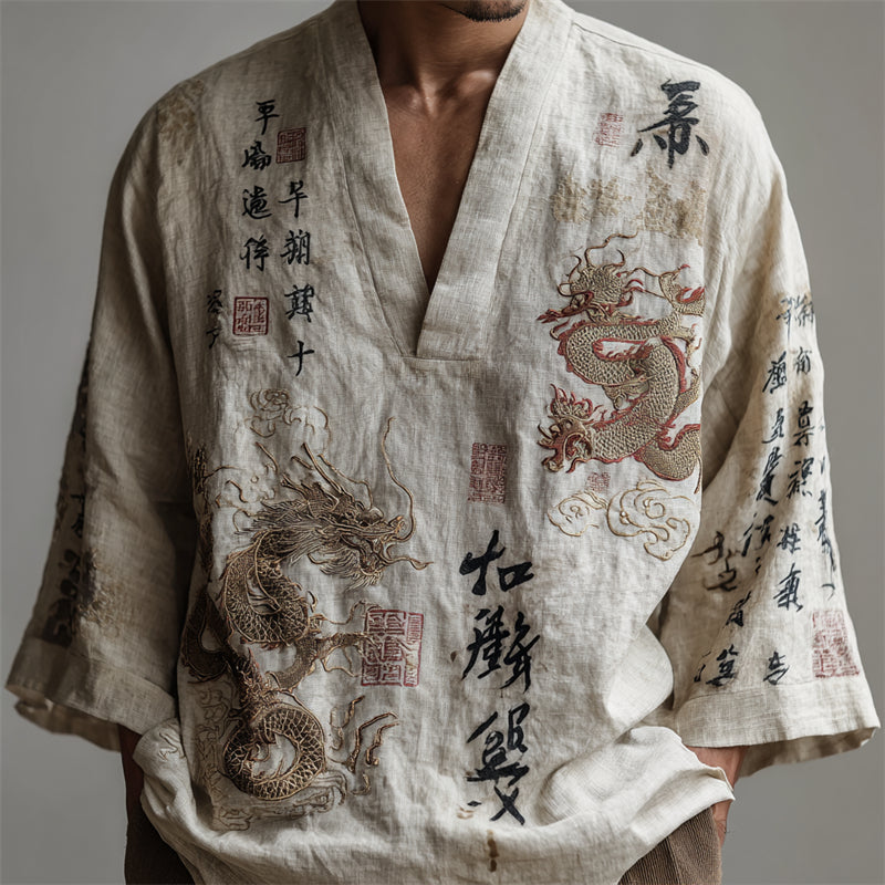 Men's Japanese Dragons Calligraphy Art Linen Shirt