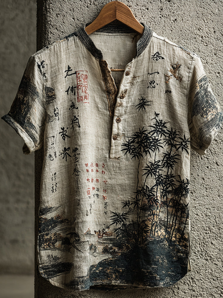 Women's Vintage Bamboo Art Pattern Short Sleeve Linen Blend Shirt