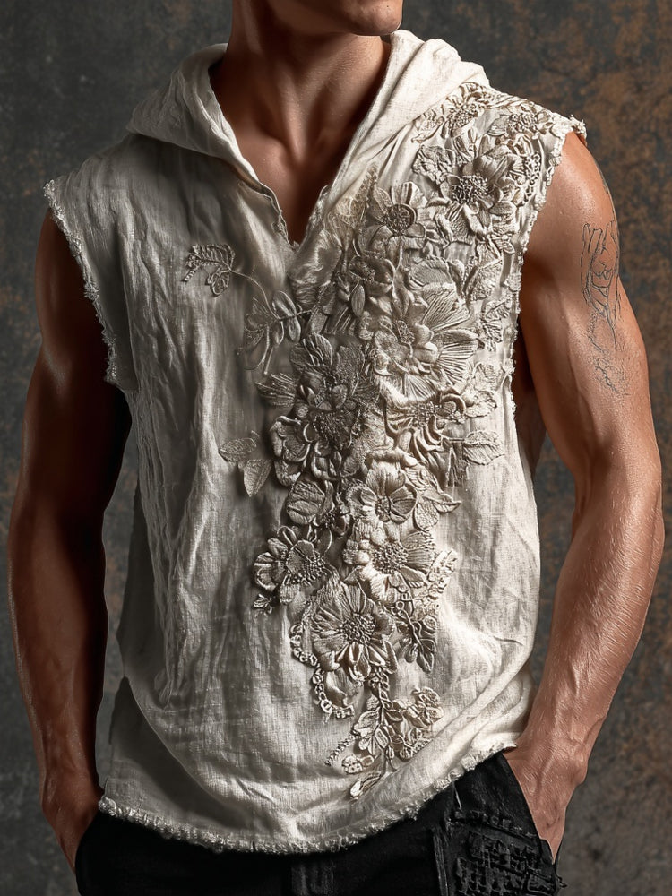 Men's Floral Lace Embroidered Vintage Hooded Linen Tank