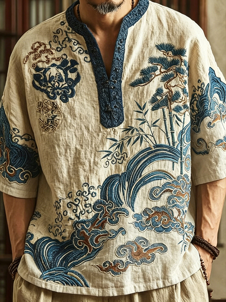 Men's Japanese Bamboo Floral Wave Design Short-sleeved Top