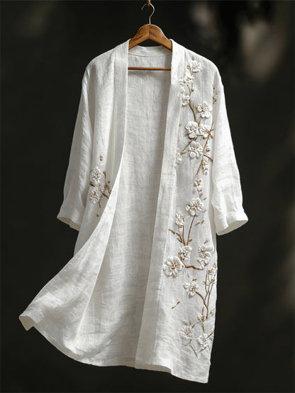 Classy White Almond Blossom Embroidered Flowy Linen Long Kimono