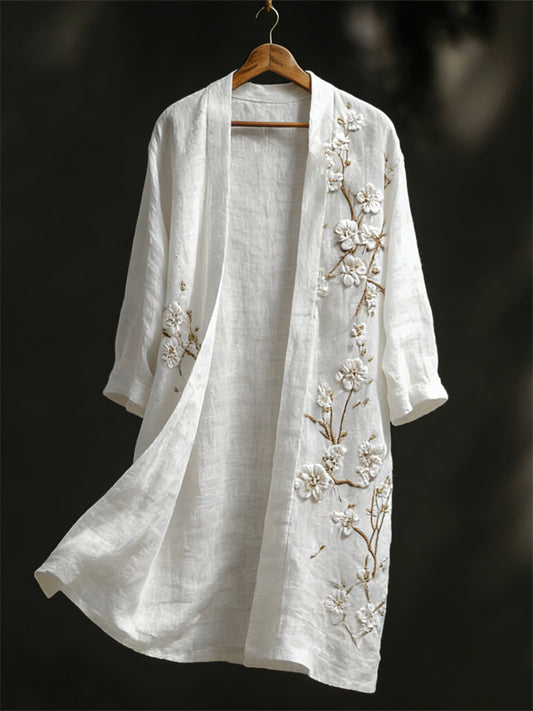 Classy White Almond Blossom Embroidered Flowy Linen Long Kimono