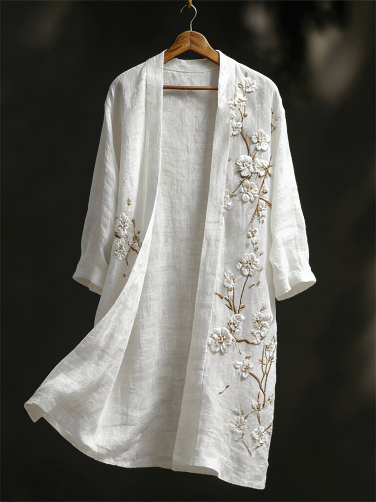 Classy White Almond Blossom Embroidered Flowy Linen Long Kimono