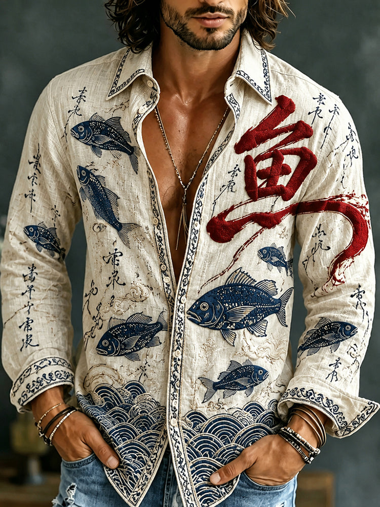 Men's Japanese Fish Art Long Sleeve Linen Blend Shirt