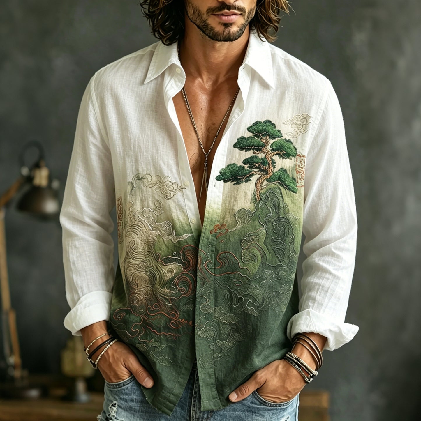 Men's Retro Landscape Embroidery Casual Shirt