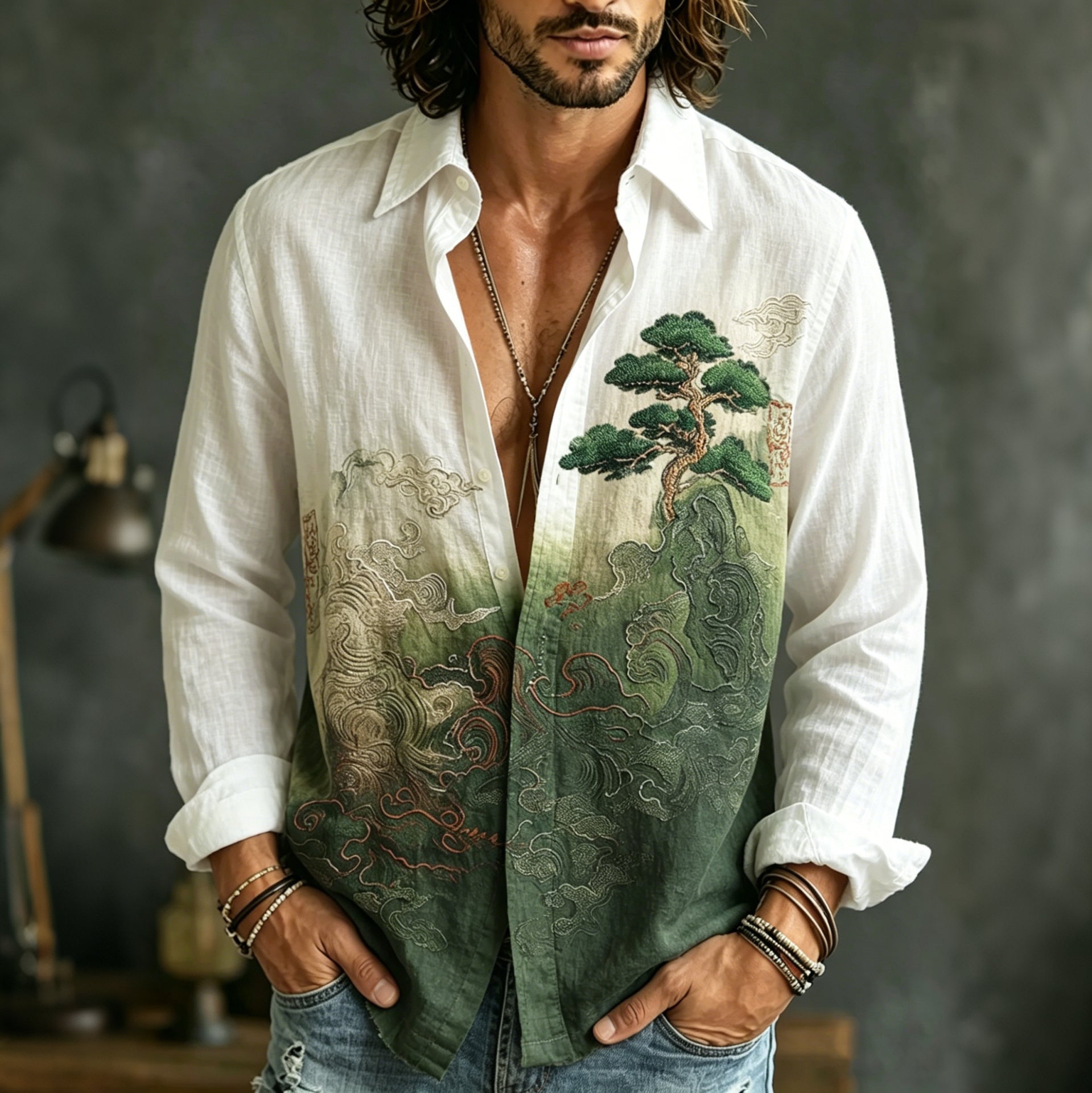 Men's Retro Landscape Embroidery Casual Shirt