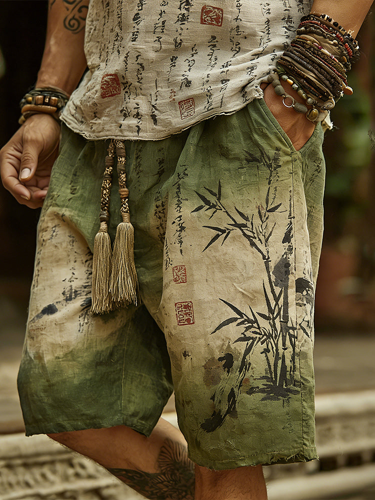 Japanese Art Bamboo Forest Ink Dyeing Art Tie-dye Shorts