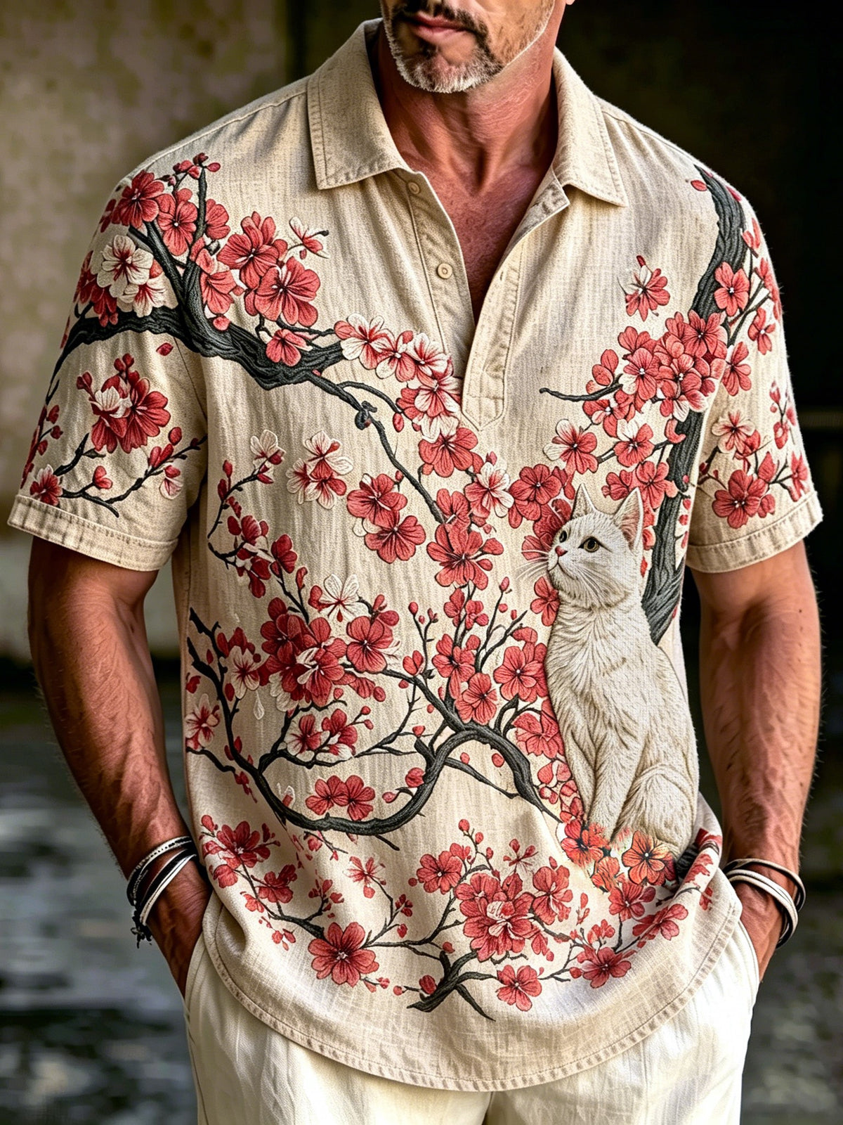 Men's Japanese-style Cherry Blossom And Cat Print Cotton And Linen Comfortable Polo Shirt
