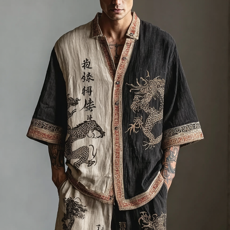 Men's Retro Dragon Color Block Two-piece Set