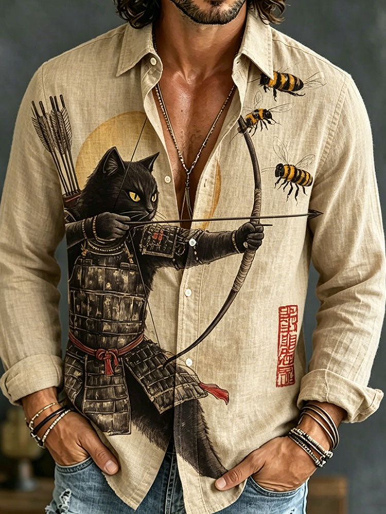 Men's Black Cat Tribal Warrior Japanese Kyudo Print Long Sleeve Shirt