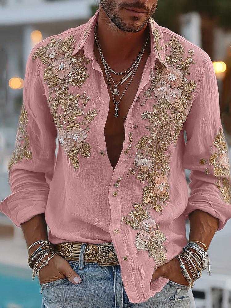 Men's Retro Floral Embroidered Comfy Linen Shirt