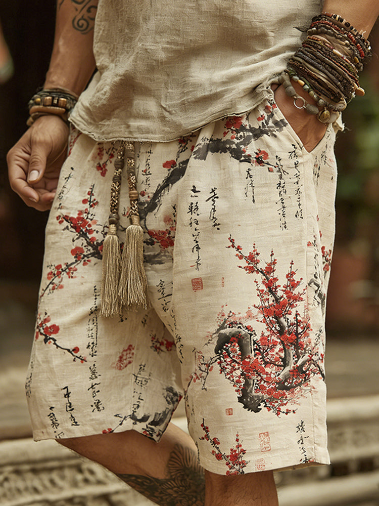 Men's Vintage Japanese Cherry Blossom Art Print Linen Blend Shorts