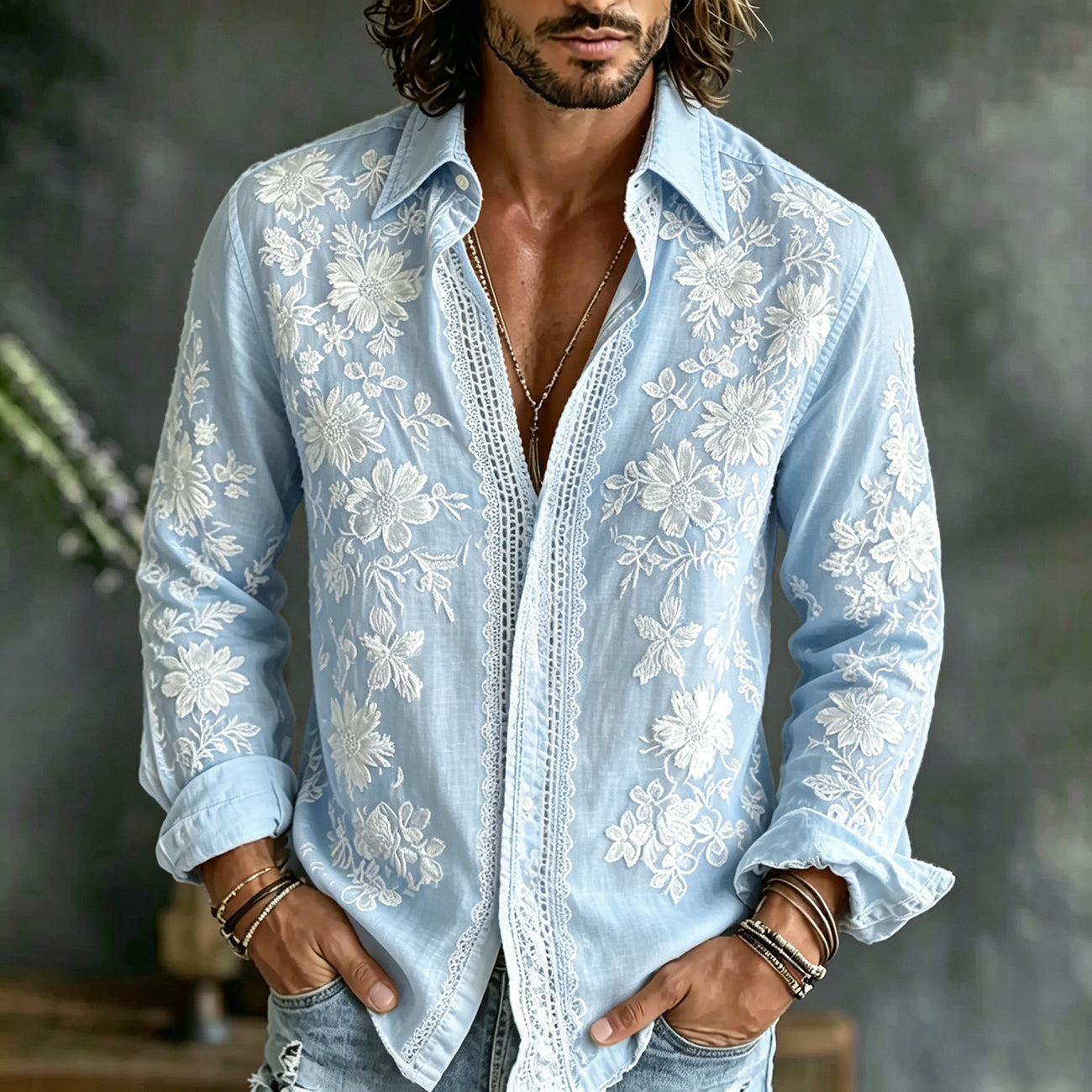 Men's Floral Embroidered Casual Cotton Linen Long-sleeved Shirt