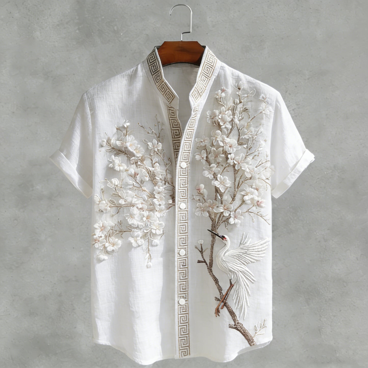 Japanese  Cherry Blossom & Crane Art Linen Blend Shirt
