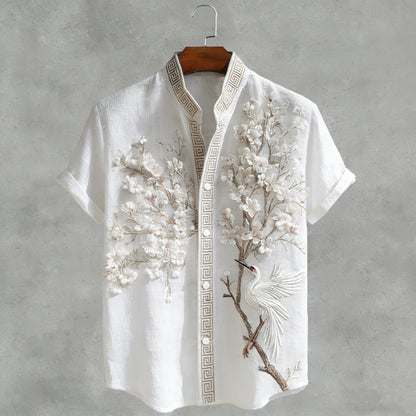 Japanese  Cherry Blossom & Crane Art Linen Blend Shirt