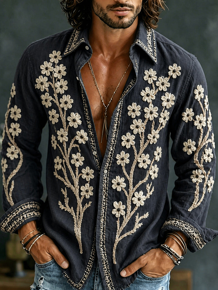Men's Vintage Flower Embroidery Art Comfy Linen Shirt
