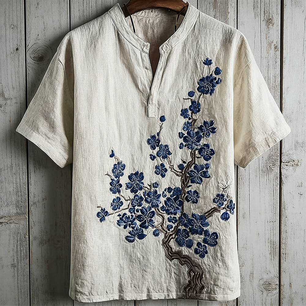 Vintage Japanese Plum Blossom Art Comfy Linen Shirt