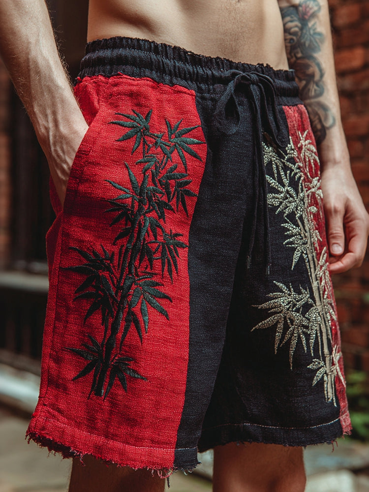 Men's Vintage Bamboo Embroidery Art Linen Blend Shorts