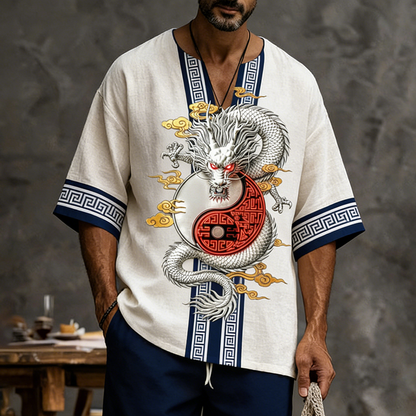 Men's Retro Color Block Dragon Design Suit