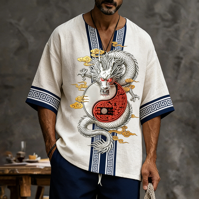 Men's Retro Color Block Dragon Design Suit