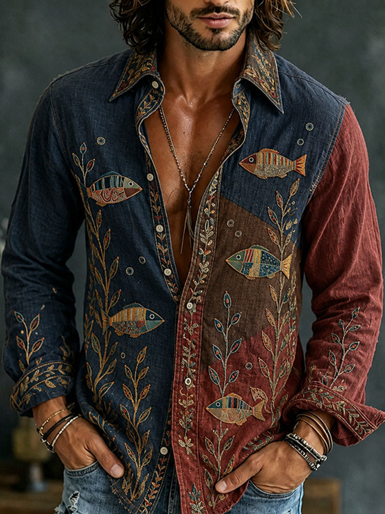 Men's Vintage Japanese Fish Art Long Sleeve Linen Blend Shirt