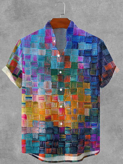 Men's Retro Colored Oil Painting Plaid Art Print Cotton And Linen Shirt