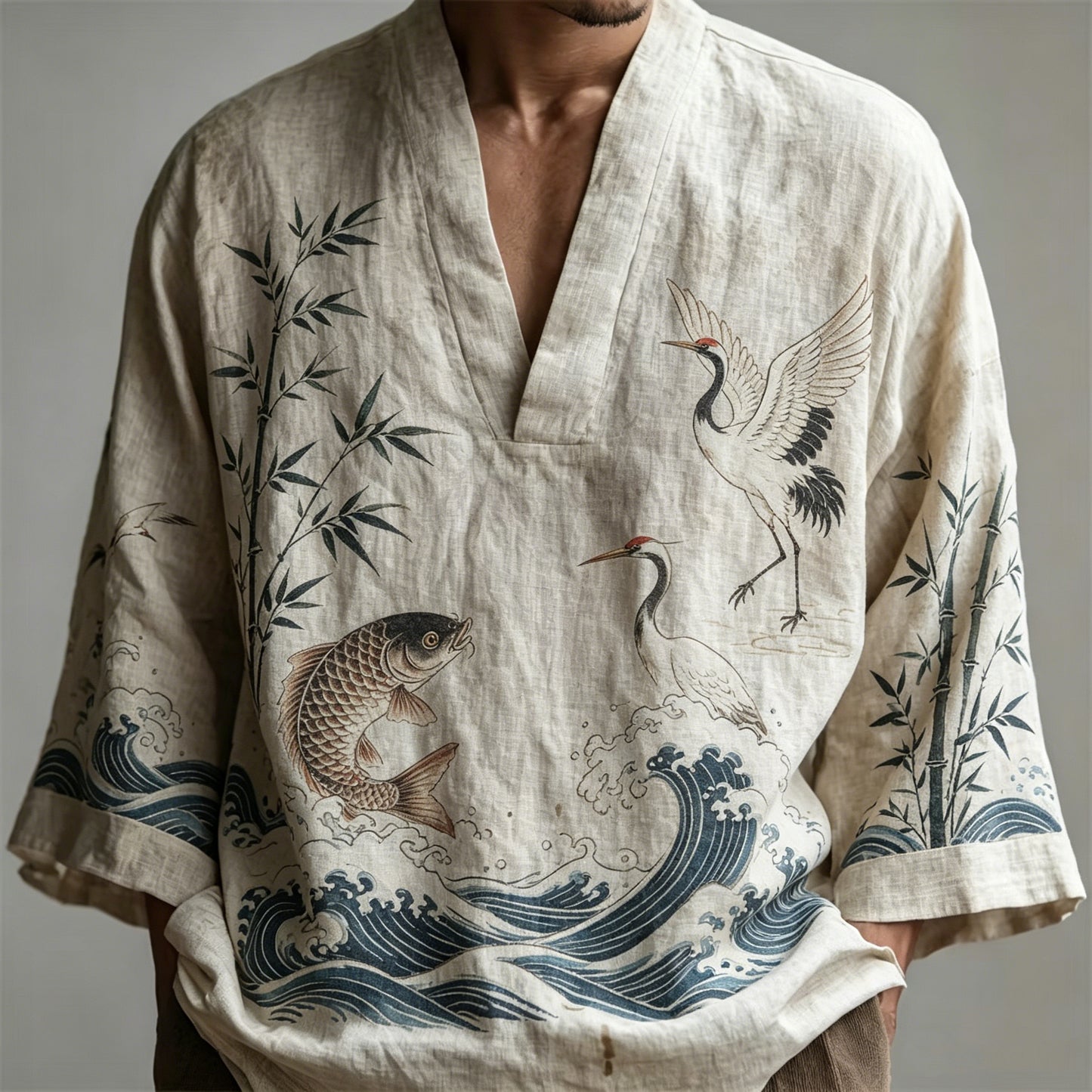 Men's Japanese Bamboo Crane Wave Design Short-sleeve Top