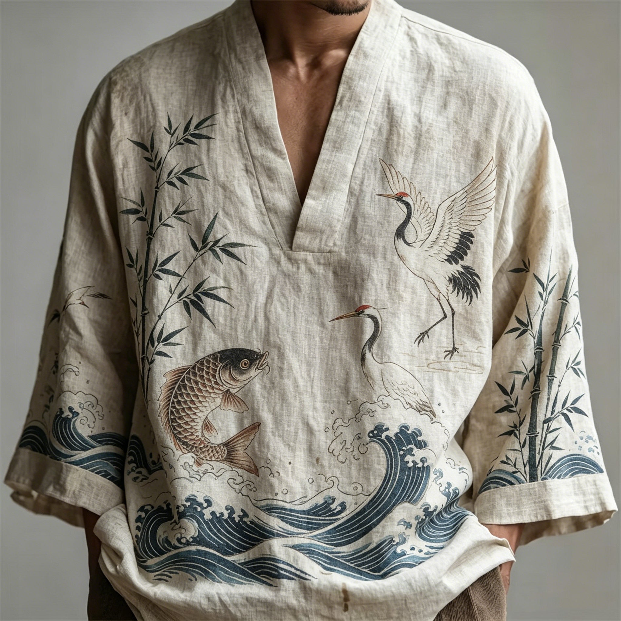 Men's Japanese Bamboo Crane Wave Design Short-sleeve Top