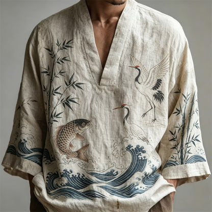 Men's Japanese Bamboo Crane Wave Design Short-sleeve Top