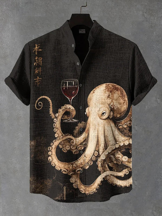 Men's Octopus Drinking Red Wine Art Print Casual Shirt