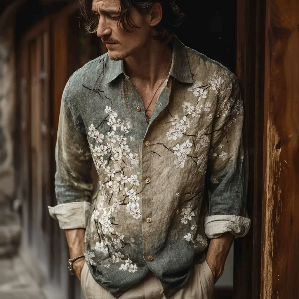 Bohemian Retro Style Floral Print Men's Long-sleeve Shirt