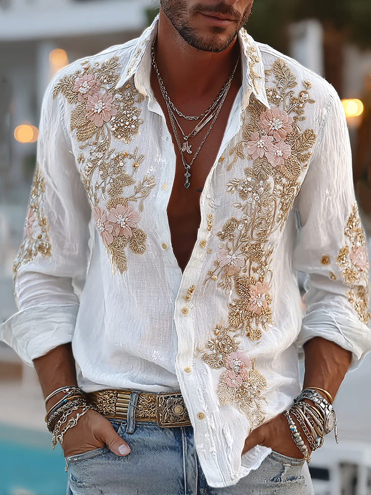 Men's Retro Floral Embroidered Comfy Linen Shirt