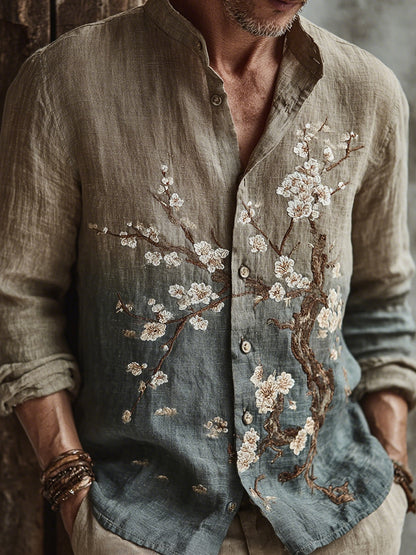 Men's Japanese-style Cherry Blossom Gradient Art Casual Shirt