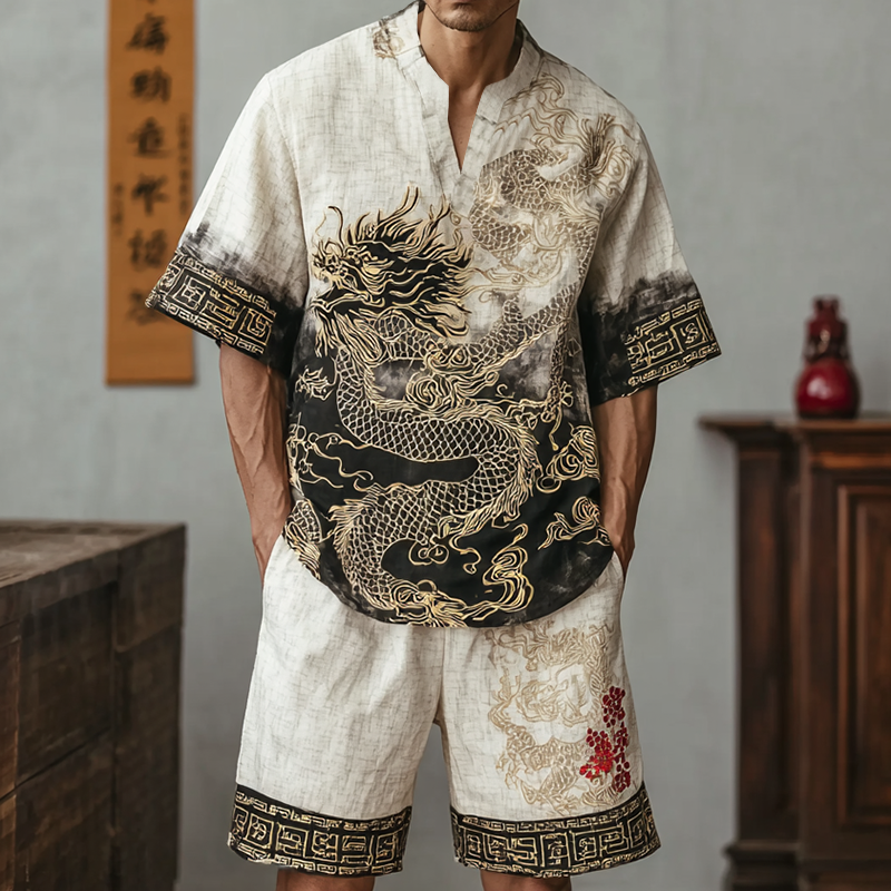 Men's Retro Dragon Design Loose Fit Suit