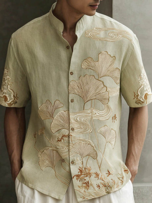 Men's Japanese-style Ginkgo Leaf Pattern Linen Short-sleeved Shirt