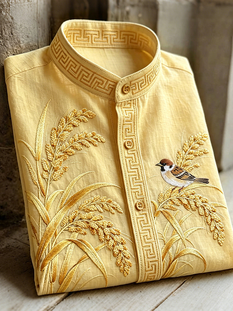 Vintage Wheat And Bird Embroidery Art Comfy Linen Shirt
