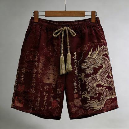 Men's Calligraphy With Dragon Art Pattern Linen Blend Casual Shorts