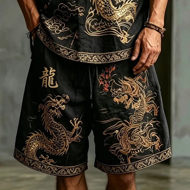 Men's Dragon Letter Cotton Linen V-neck Short-sleeve Shorts Two-piece Set