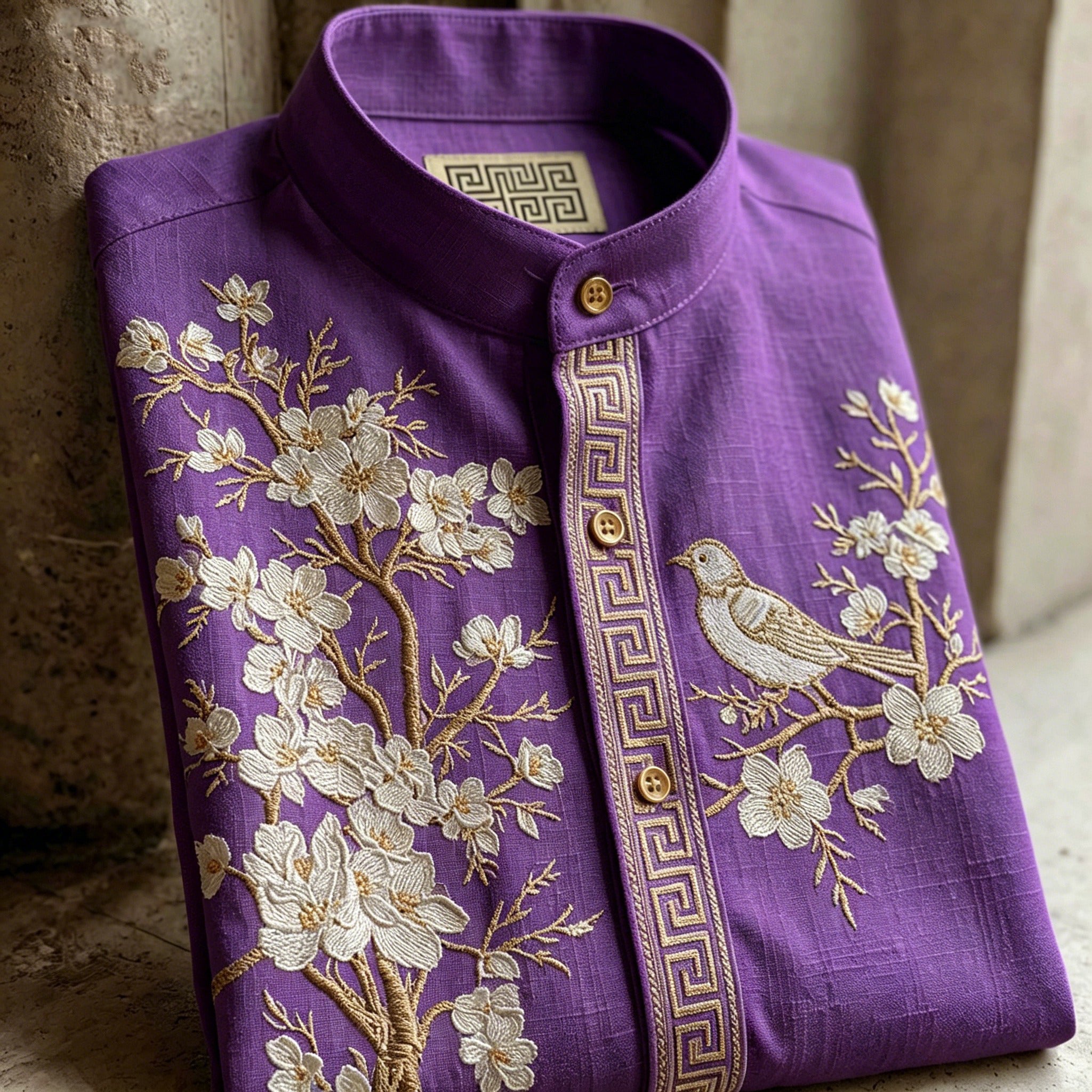 Retro Cherry Blossom And Bird Pattern Short-sleeve Shirt
