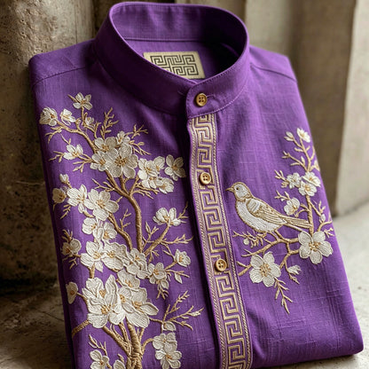 Retro Cherry Blossom And Bird Pattern Short-sleeve Shirt