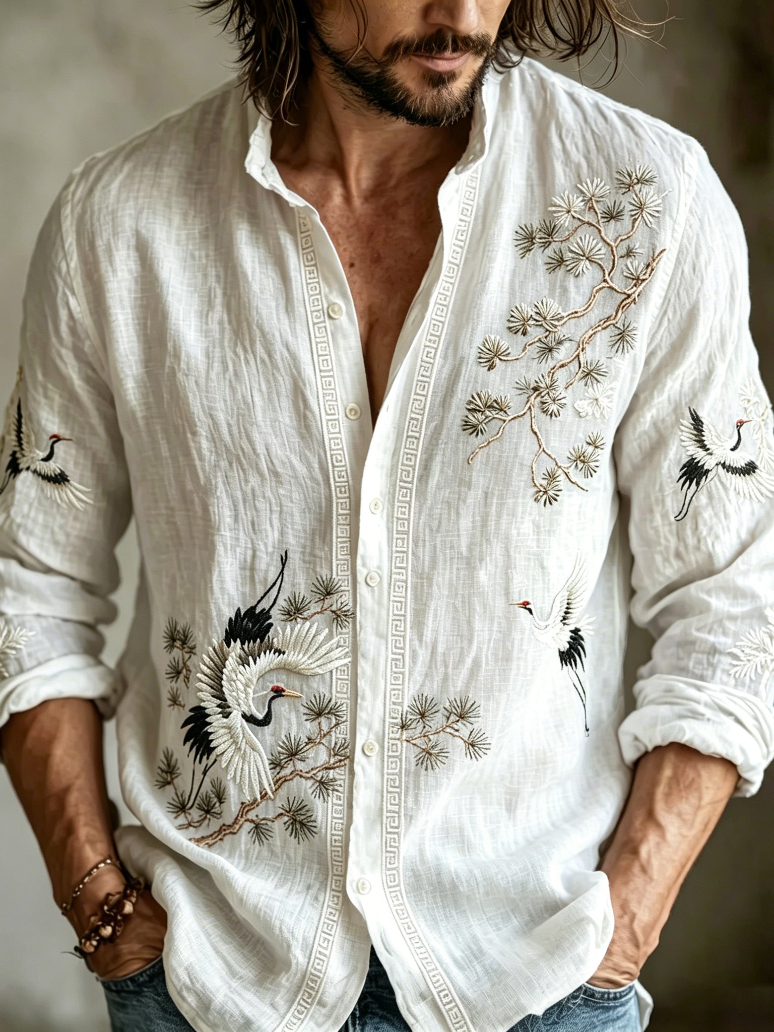 Vintage Cranes And Pine Trees Linen Blend Long Sleeve Shirt
