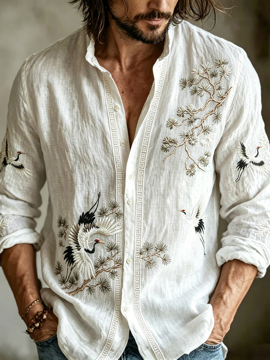 Vintage Cranes And Pine Trees Linen Blend Long Sleeve Shirt