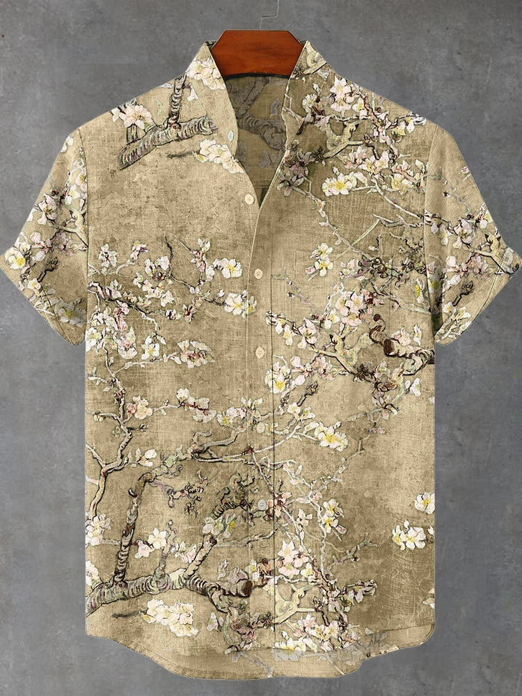 Vintage White Art Florets Print Casual Cotton Shirt