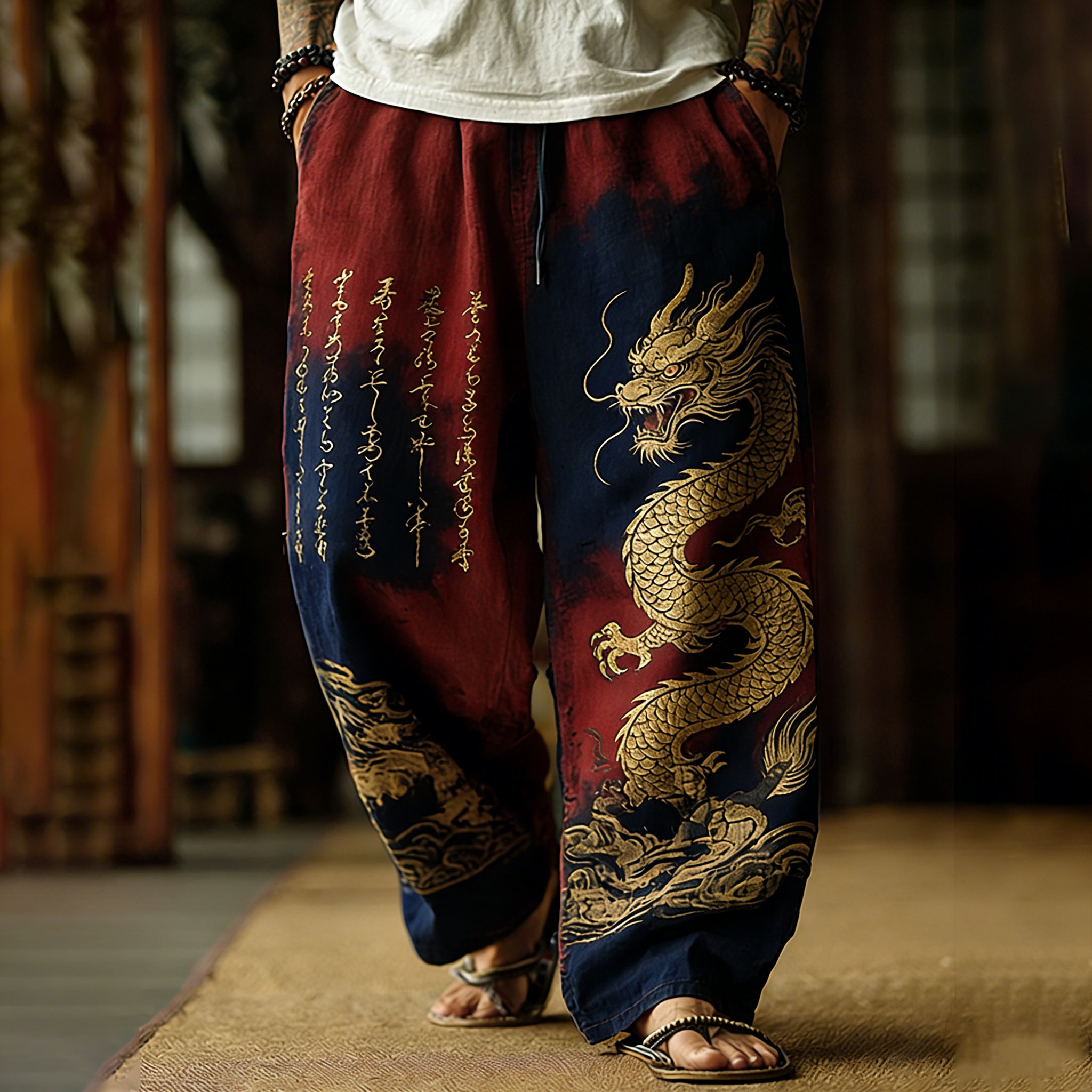 Japanese Retro Dragon Pattern And Calligraphy Art Tie-dye Pants