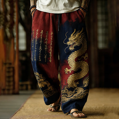 Japanese Retro Dragon Pattern And Calligraphy Art Tie-dye Pants