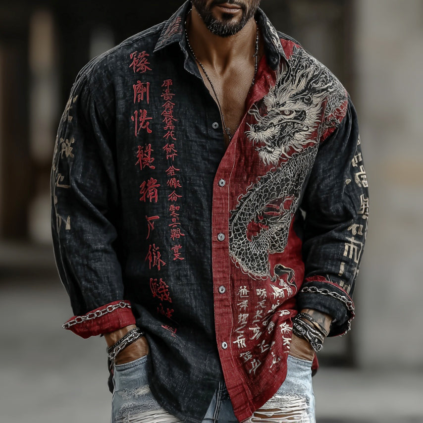 Men's Retro Japanese Dragon And Calligraphy Art Print Casual Cotton Linen Long-sleeved Shirt