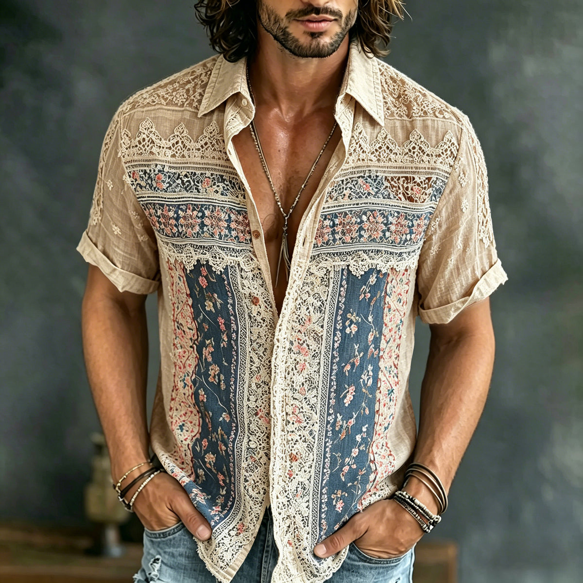 Men's Retro Floral Patchwork Pattern Casual Shirt