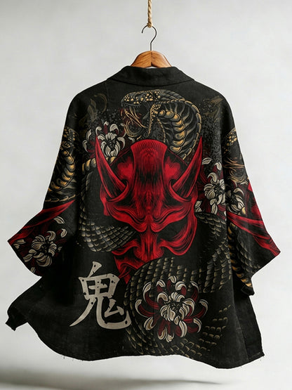 Japanese Mask & Snake Pattern Art Print Linen-blend Kimono
